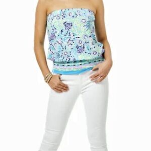 NEW LILLY PULITZER ADELLA BANDEAU TOP, BLUE IBIZA, OPEN WATER ENGINEERED,